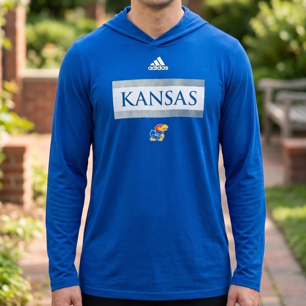Adidas Kansas Jayhawks Aeroready Royal Blue Long Sleeve Hooded T-Shirt Mens
